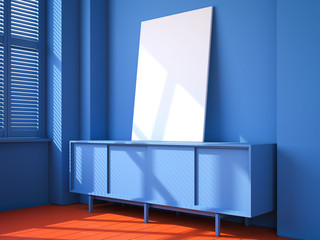 Blue interior with red floor and blank canvas