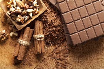 Chocolate bars, mixed nuts, cocoa and cinnamon sticks