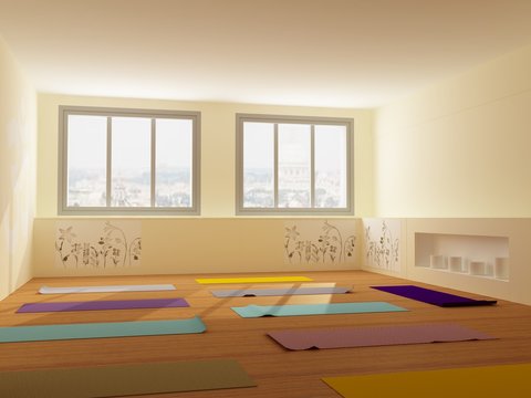 Yoga studio, class for fitness with yoga carpets on hardwood floor