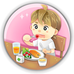 Cartoon man eating healthy nutrition food salmon steak vegetable fruit juice with medical vitamin supplement supplementary for diet and health care in isolated background