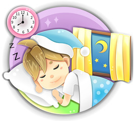 Cartoon male pajamas sleeping sleep in bed at night time showing happy peaceful facial expression for stress relief and healthy anti-aging sleep in isolated background. 