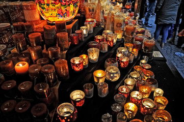 Close-up of a variety Christmas decorations on sale at the market, Cologne, Germany