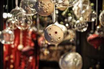 Close-up of a variety Christmas decorations on sale at the market, Cologne, Germany