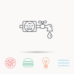 Water counter icon. Pipe with drop sign.