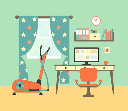 Workspace in room with flat workplace and sport simulator. vector illustration