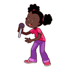 Cartoon African American girl singing with a microphone