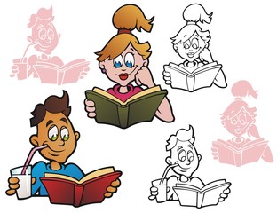 A teenage boy and girl reading books. Full color, black outline, and reverse for printing on dark backgrounds.