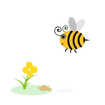 Dibujo de una abeja en un fondo blanco, volando frente a una flor 