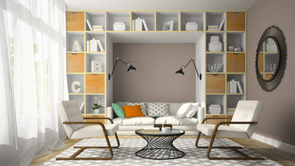Interior of modern design room with two white armchair 3D render