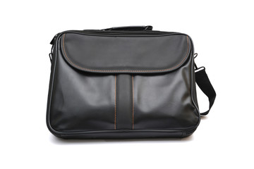 Leather laptop bag black color on white background.