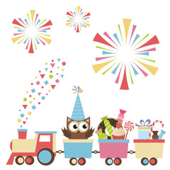 Birthday toy train with owl and sweets