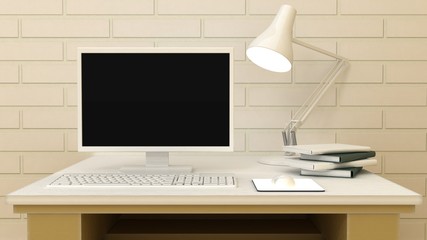 Empty PC computer monitor on table in modern classic interior background with decorative paint wall and wooden floor. Copy space image. 3d render