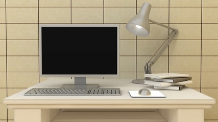 Empty PC computer monitor on table in modern classic interior background with decorative paint wall and wooden floor. Copy space image. 3d render