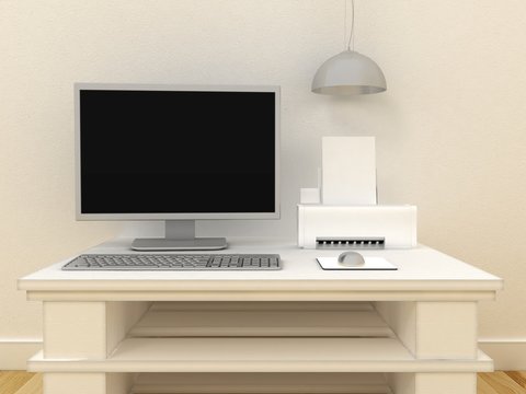 Empty PC computer monitor with ink jet or laser printer on table in modern classic interior background with decorative paint wall and wooden floor. Copy space image. 3d render