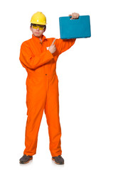 Man in orange coveralls isolated on white