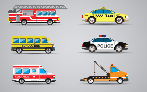 Vector set of the isolated transport icons. Fire truck, ambulance, police car, school bus, taxi