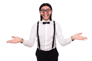 Man wearing suspenders isioated on white