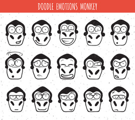 Set 15 doodle heads of monkeys with different emotions. 