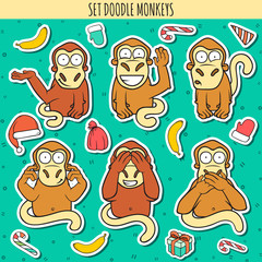 Year of red monkey. Doodle set monkeys sticker. Chinese horoscope