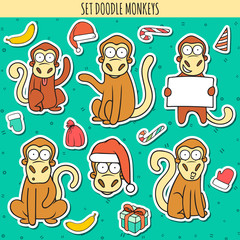 Year of red monkey. Doodle set monkeys sticker. Chinese horoscope