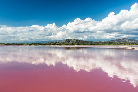 Mountains behind Pink water salt lake in Dominican Republic