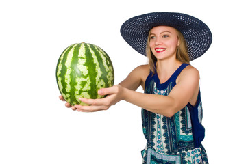 Woman with watermelon isolated on white