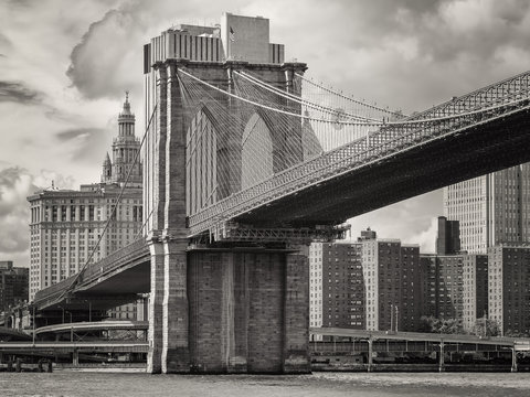 Fototapeta The Brooklyn Bridge and the lower Manhattan skyline in New York