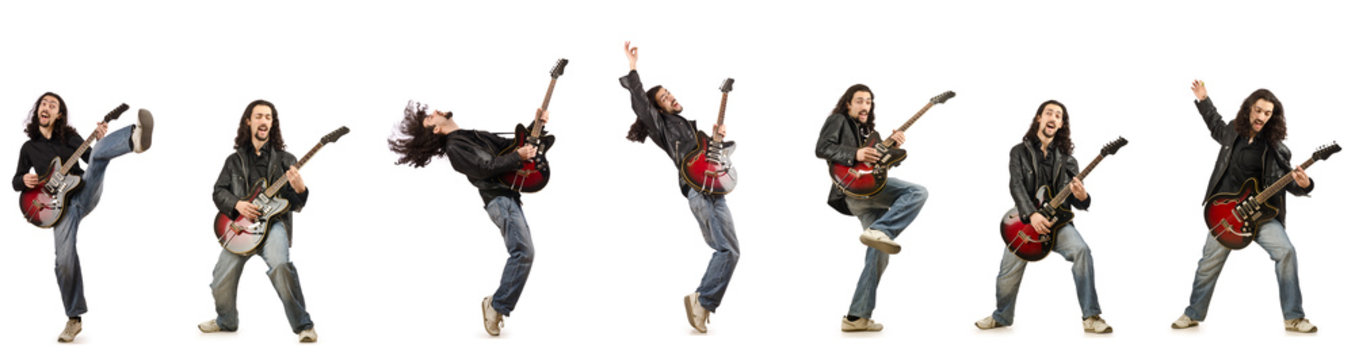 Funny guitar player isolated on white