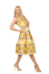 Young woman wearing long summer dress isolated on white