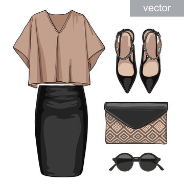Lady fashion set of outfit. Stylish and trendy clothing