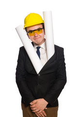 Funny architect with drawings on white