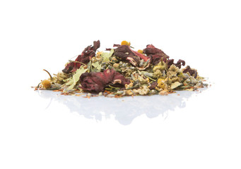 Dried herbal tea leaves, lavender, rooibos, chamomile, linden flower, hibiscus, Japanese green tea over white background