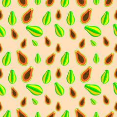 Seamless vector pattern, bright fruits chaotic background with papaya, whole and half over light backdrop.