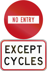 Road sign assembly in New Zealand - No entry except 
