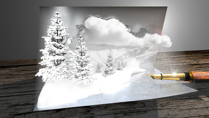 Wish card. Snowy mountains and trees coming out of the postcard seem real. © Yabresse