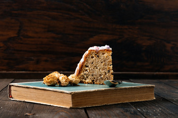 Kugelhopf cake on the wooden table.