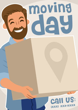pleasant bearded man holding a cardboard box moving day poster