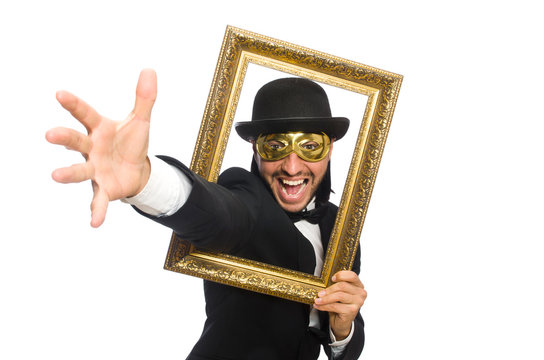 Funny man with picture frame on white