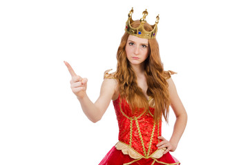 Princess wearing crown and red dress isolated on white