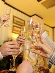 Friends holding glasses of white wine making a toast
