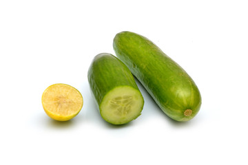  Fresh Cucumber and lemon isolated on white.