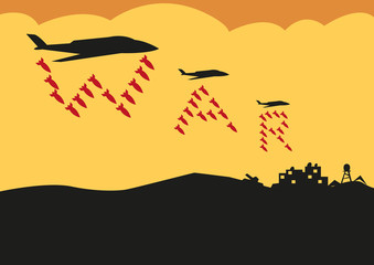 Fighter Planes Drop Bombs in a War Text formation. Editable Clip Art.