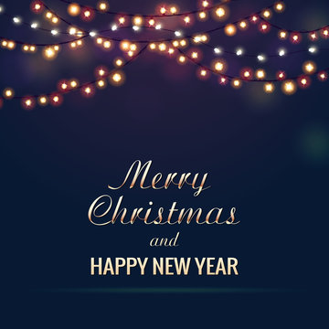 Christmas vector card with festive garland lights. Vector illustration