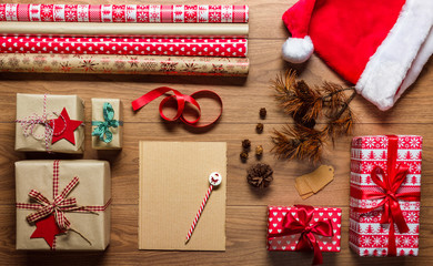 Retro christmas, desk view from above with letter to santa, xmas concept with copy space
