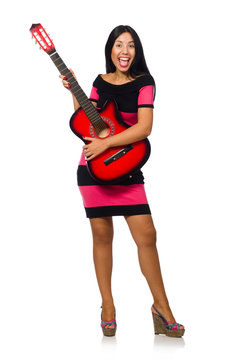 Young Woman Playing Guitar On White