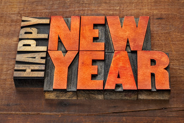 Happy New Year in wood type