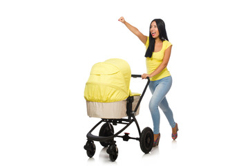 Woman with baby and pram isolated on white