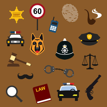 Police, law and justice flat icons set