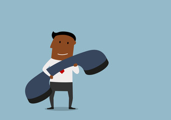 Happy businessman with huge phone