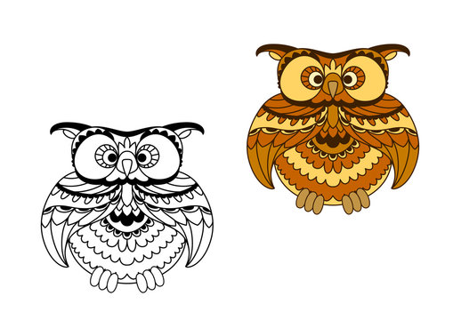 Cartoon outline and brown owl bird